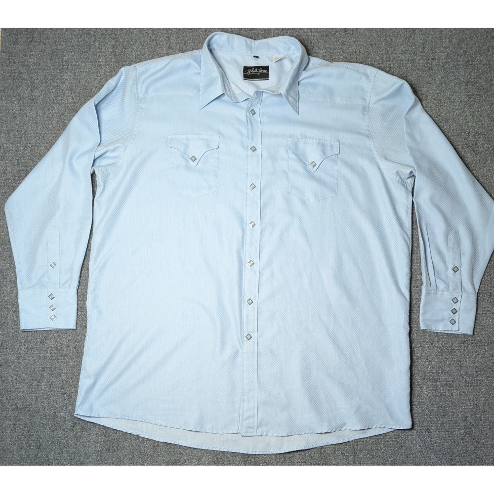 Vintage White Horse Dress Shirt Men's XXL Light Blue Western Diamond Snap Cowboy